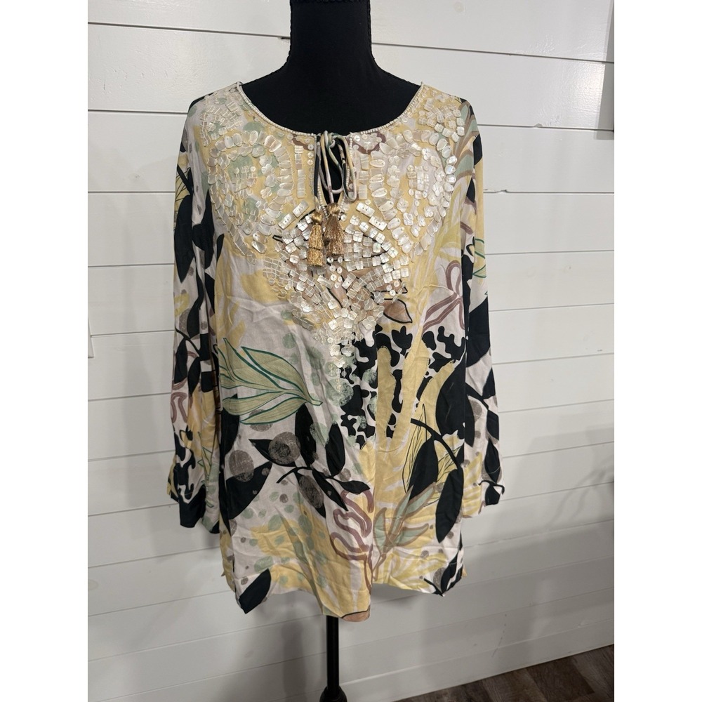 Y2K Soft Surroundings L Butter Yellow Black Shell Beaded Tie Tunic Blouse Boho